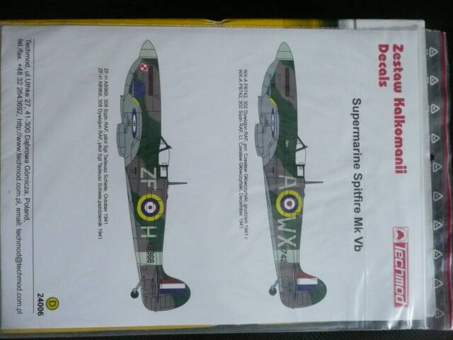 Arch dekálů na Spitfire Mk.Vb 1/24